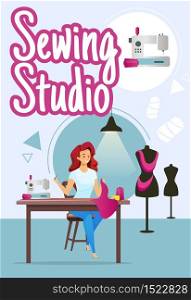 Sewing studio poster vector template. Designer. Woman making clothes. Dressmaker. Brochure, cover, booklet page concept design with flat illustrations. Advertising flyer, leaflet, banner layout idea