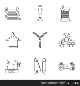 Sewing supplies icons set. Outline illustration of 9 sewing supplies vector icons for web. Sewing supplies icons set, outline style