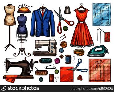 Sewing tool and tailor equipment sketch for atelier or fashion workshop design. Sewing machine, needle and scissors, thread, button and pin, mannequin, fabric, and spool, dress, suit and pattern icon. Sewing tool and tailor equipment sketch design