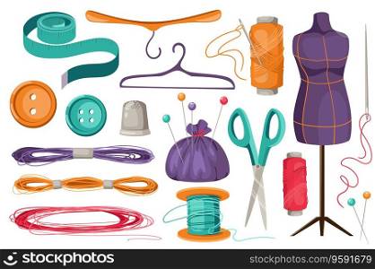 Sewing tools set graphic elements in flat design. Bundle of measuring tape, hangers, spool thread, needles, mannequin, buttons, thimble, pins, scissors and other. Vector illustration isolated objects