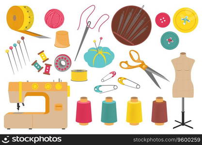 Sewing tools set graphic elements in flat design. Bundle of measuring tape, sew machine, thread, thimble, needle, buttons, pins, scissors, mannequin and other. Vector illustration isolated objects