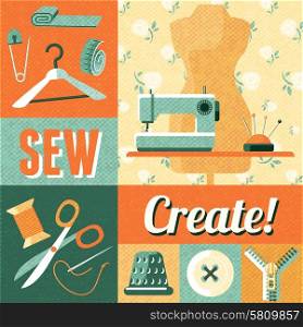Sewing vintage decoration collage poster. Vintage home sewing do it yourself craft decorative poster with tailor scissors and mannequin abstract vector illustration