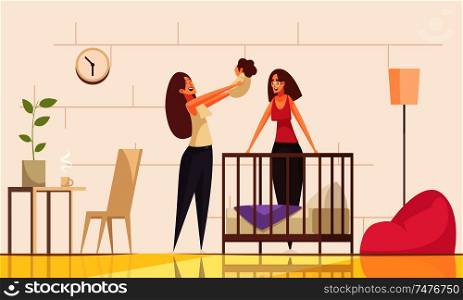 Sex homosexual lesbian child family composition with female characters of parents and baby with indoor environment vector illustration