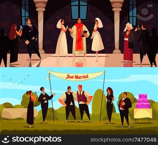 Sex homosexual lgbt wedding two horizontal compositions with male and female same sex intending spouses characters vector illustration