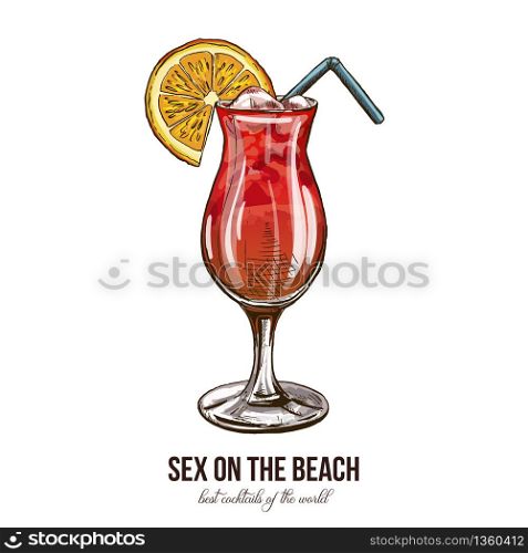 Sex on the Beach cocktail, vector illustration, hand drawn colored sketch