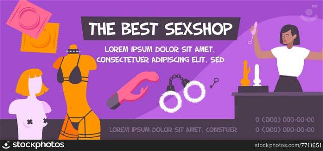 Sex shop banner with editable advertising text and images of various sex toys and store manager vector illustration. Best Sex Shop Banner