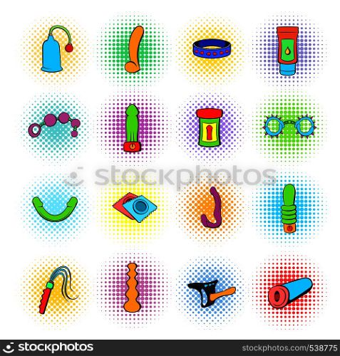Sex shop icons in comics style on a white background . Sex shop icons, comics style
