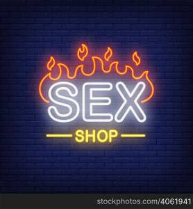 Sex shop lettering on fire. Neon sign on brick background. Store, electric sign, nightclub. Erotica concept. For topics like entertainment, love, business