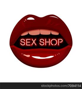 Sex shop logo neon text red lipstick mouth vector illustration