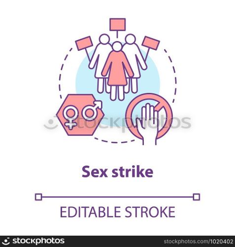 Sex strike concept icon. Sexual abstinence, feminism idea thin line illustration. Women with placards vector isolated outline drawing. Gender discrimination protest, girl power. Editable stroke