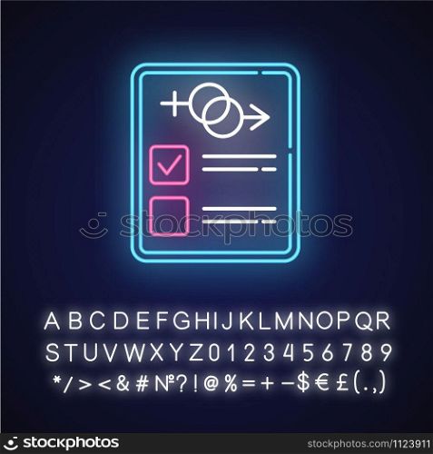 Sex test neon light icon. Examination page. Male, female psychometrical report. Gender verification. Safe sex. Glowing sign with alphabet, numbers and symbols. Vector isolated illustration