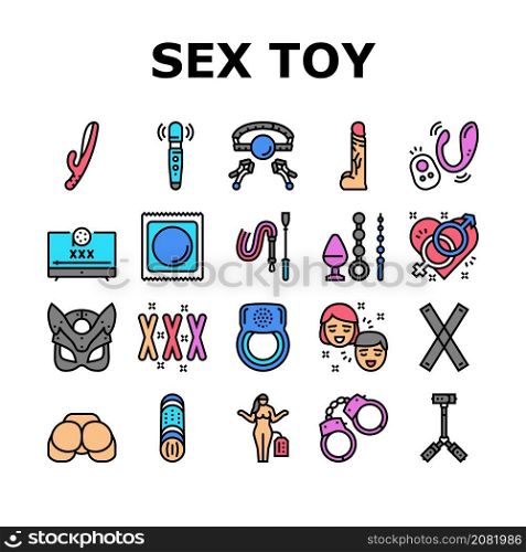 Sex Toy And Sexy Accessories Icons Set Vector. Vagina And Penis, Vibrator And Dildo Anal And Vaginal Masturbation Sex Toy, Handcuff And Ring, Facial Mask And Condom Line. Color Illustrations. Sex Toy And Sexy Accessories Icons Set Vector