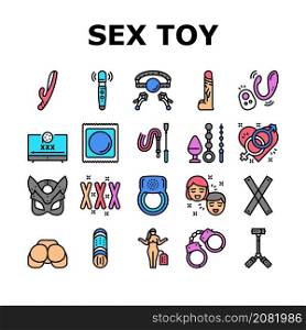 Sex Toy And Sexy Accessories Icons Set Vector. Vagina And Penis, Vibrator And Dildo Anal And Vaginal Masturbation Sex Toy, Handcuff And Ring, Facial Mask And Condom Line. Color Illustrations. Sex Toy And Sexy Accessories Icons Set Vector