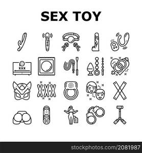Sex Toy And Sexy Accessories Icons Set Vector. Vagina And Penis, Vibrator And Dildo Anal And Vaginal Masturbation Sex Toy, Handcuff And Ring, Facial Mask And Condom Black Contour Illustrations. Sex Toy And Sexy Accessories Icons Set Vector