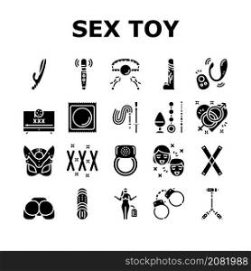 Sex Toy And Sexy Accessories Icons Set Vector. Vagina And Penis, Vibrator And Dildo Anal And Vaginal Masturbation Sex Toy, Handcuff And Ring Facial Mask And Condom Glyph Pictograms Black Illustrations. Sex Toy And Sexy Accessories Icons Set Vector