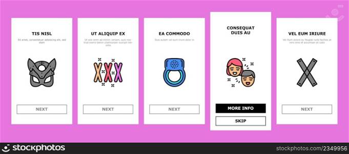 Sex Toy And Sexy Accessories Onboarding Mobile App Page Screen Vector. Vagina And Penis, Vibrator And Dildo Anal And Vaginal Masturbation Sex Toy, Handcuff Ring, Facial Mask Condom . Illustrations. Sex Toy And Sexy Accessories Onboarding Icons Set Vector
