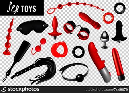 Sex toys transparent set for bdsm with leather whip mask bracelet vibrator realistic icons isolated vector illustration