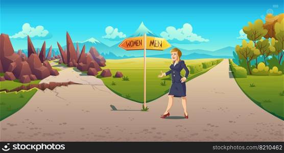 Sexism and discrimination in career growth. Business woman stand at road fork pointing easy way for males and hard path for females. Unequal opportunities, glass ceiling. Cartoon vector illustration. Sexism and discrimination in career growth concept