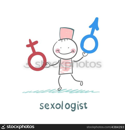 Sexologist holding signs, male and female