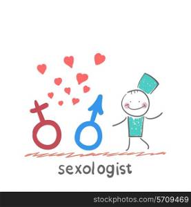 Sexologist holding signs, male and female. Fun cartoon style illustration. The situation of life.