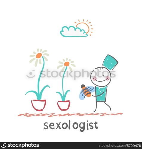 Sexologist holds a bee near the two flowers