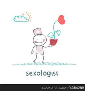 Sexologist is holding a flower with a heart