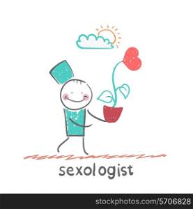 Sexologist is holding a flower with a heart