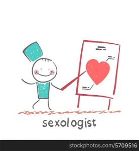 Sexologist talks presentation and shows a painted heart