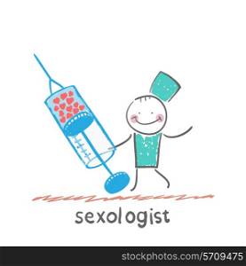 Sexologist with a syringe filled with hearts