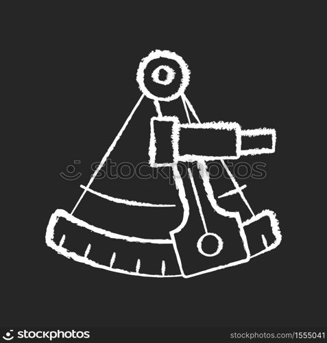 Sextant chalk white icon on black background. Celestial navigation, geography. Old fashioned instrument for maritime travel. Antique sailor, astronomer tool isolated vector chalkboard illustration. Sextant chalk white icon on black background