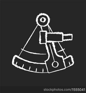 Sextant chalk white icon on black background. Celestial navigation, geography. Old fashioned instrument for maritime travel. Antique sailor, astronomer tool isolated vector chalkboard illustration. Sextant chalk white icon on black background