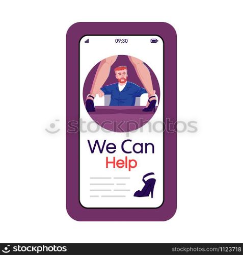 Sexual addiction social media post smartphone app screen. Mobile phone display with cartoon character design mockup. Erotomania, behavioral disorder treatment application telephone interface