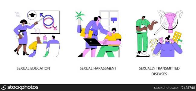 Sexual behavior abstract concept vector illustration set. Sexual education, harassment relationships, sexually transmitted diseases, abuse and assault, social interactions abstract metaphor.. Sexual behavior abstract concept vector illustrations.
