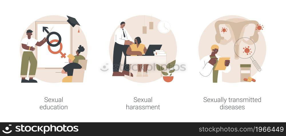 Sexual behavior abstract concept vector illustration set. Sexual harassment and sexually transmitted diseases, sex education, abuse and assault, insecure contact, labor relationship abstract metaphor.. Sexual behavior abstract concept vector illustrations.