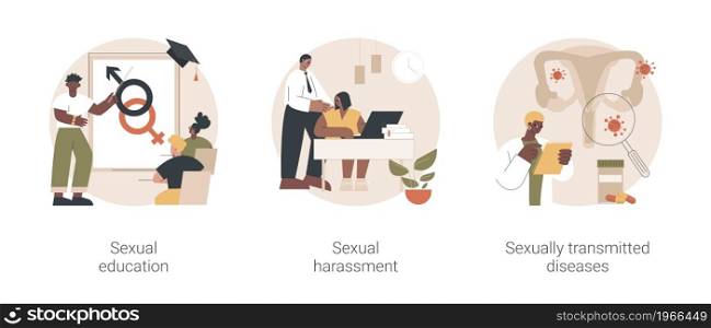 Sexual behavior abstract concept vector illustration set. Sexual harassment and sexually transmitted diseases, sex education, abuse and assault, insecure contact, labor relationship abstract metaphor.. Sexual behavior abstract concept vector illustrations.