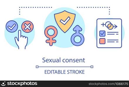 Sexual consent concept icon. Marriage contract. Agreement to engage in sexual activity. Erotic relationship regulation idea thin line illustration. Vector isolated outline drawing. Editable stroke