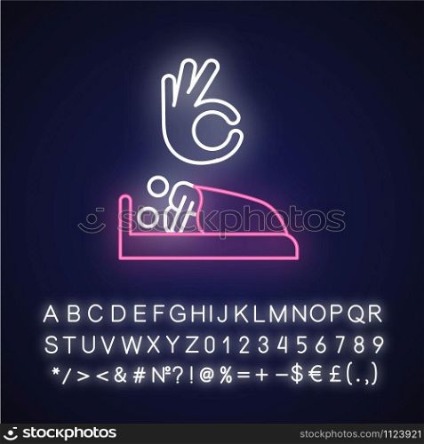 Sexual consent neon light icon. Intimate relationship with partner. Couple in bed. Safe sex with mutual argreement. Glowing sign with alphabet, numbers and symbols. Vector isolated illustration