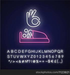 Sexual consent neon light icon. Intimate relationship with partner. Couple in bed. Safe sex with mutual argreement. Glowing sign with alphabet, numbers and symbols. Vector isolated illustration