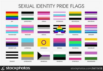 Sexual diversity lgbt pride flags set. Vector colorful banners representing unique design and vibrant colors symbolizing various identities within the lgbtq community, inclusivity, and acceptance. Sexual diversity lgbt pride flags vector set