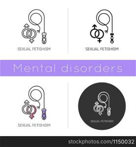 Sexual fetishism icon. Male and female erotic play. Sex toy stimulation. Specific intimate behaviour fixation. Mental disorder. Flat design, linear and color styles. Isolated vector illustrations