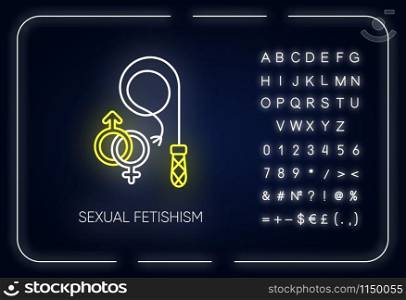 Sexual fetishism neon light icon. Male, female erotic play. Sex toy stimulation. Fixation on behaviour. Mental disorder. Glowing sign with alphabet, numbers and symbols. Vector isolated illustration