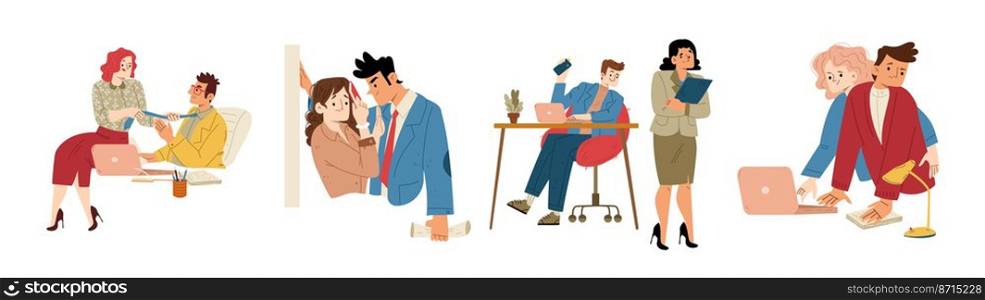 Sexual harassment at work, abuse, inappropriate touches in office concept. Lustful colleague or boss covet employee at workplace. Violence at job, unwanted advances, Flat vector line art illustration. Sexual harassment at work, abuse, violence at job