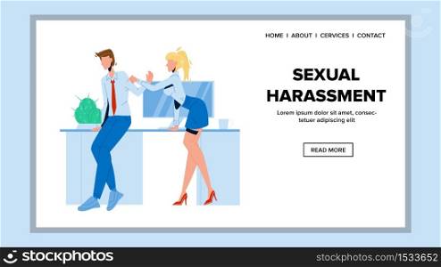 Sexual Harassment Employer To Colleague Vector. Young Woman Touching Sexual Harassment And Flirting With Man. Character Girl Touch Guy Worker In Office Web Flat Cartoon Illustration. Sexual Harassment Employer To Colleague Vector