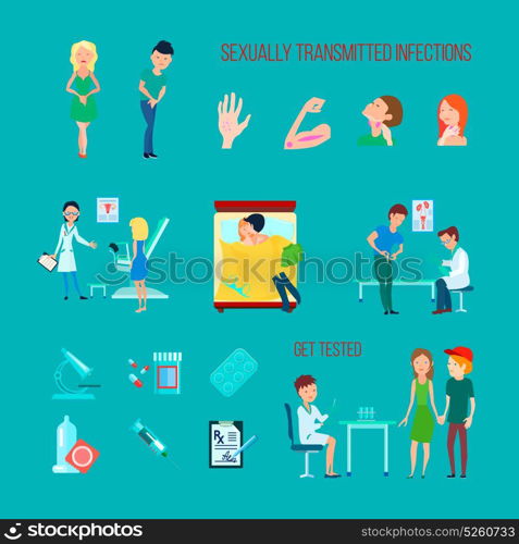 Sexual Health Diseases Icon Set. Colored flat and isolated sexual health diseases icon set with different infections symptoms and methods of treatment vector illustration