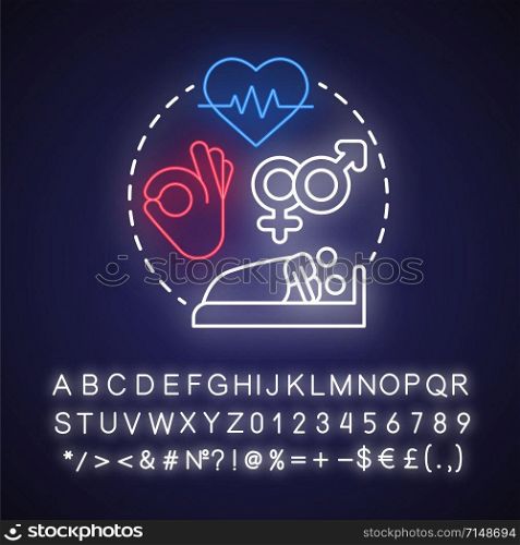 Sexual health neon light concept icon. Protected sex idea. Contraception, reproductive system, STIs. Sex education. Glowing sign with alphabet, numbers and symbols. Vector isolated illustration