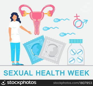 Sexual health week concept vector. Medical event is observed in September. Condoms, birth control pills and birth control pills are indicated. Problems of unwanted pregnancy and venereal diseases.. Sexual health week concept vector. Medical event is observed in September.