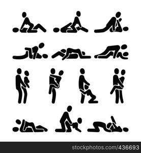 Sexual position vector icons. Sex positioning between man and woman couple pictograms. Position sexy couple love man and woman, sex partner illustration. Sexual position vector icons. Sex positioning between man and woman couple pictograms