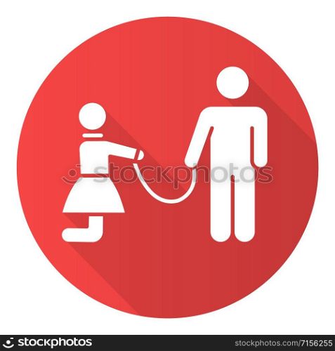 Sexual slavery red flat design long shadow glyph icon. Violation of female human rights. Abusing woman. Man with girl on leash. Sex with no consent. Crime offense. Vector silhouette illustration