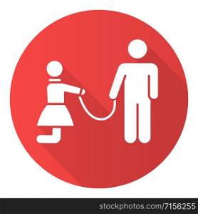 Sexual slavery red flat design long shadow glyph icon. Violation of female human rights. Abusing woman. Man with girl on leash. Sex with no consent. Crime offense. Vector silhouette illustration