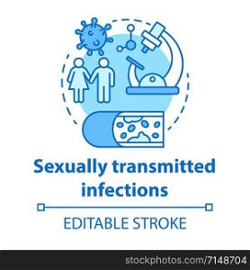 Sexually transmitted infections concept icon. STIs idea thin line illustration. Venereal diseases. Bacterias, viruses screening. Unprotected sex. Vector isolated outline drawing. Editable stroke